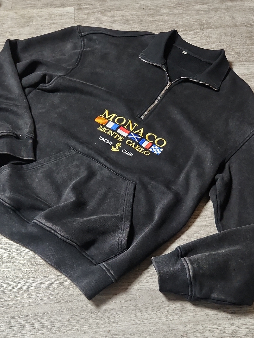 monaco Black Half-Zip Sweater with Embroidered Yacht Club Logo